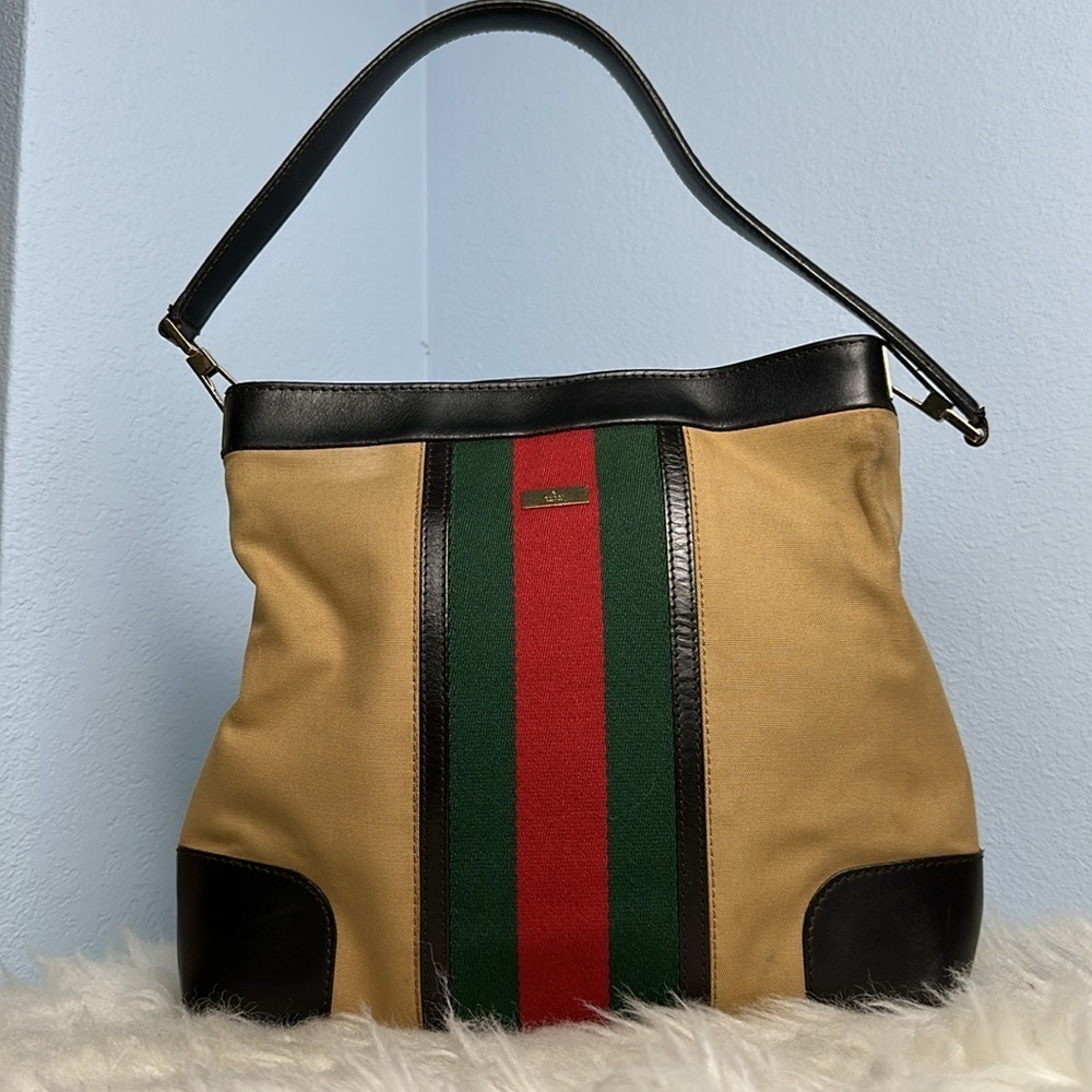 Vintage Gucci Web Stripe Canvas Leather Shoulder Hobo Bag Brown Red Green - Picture 3 of 16